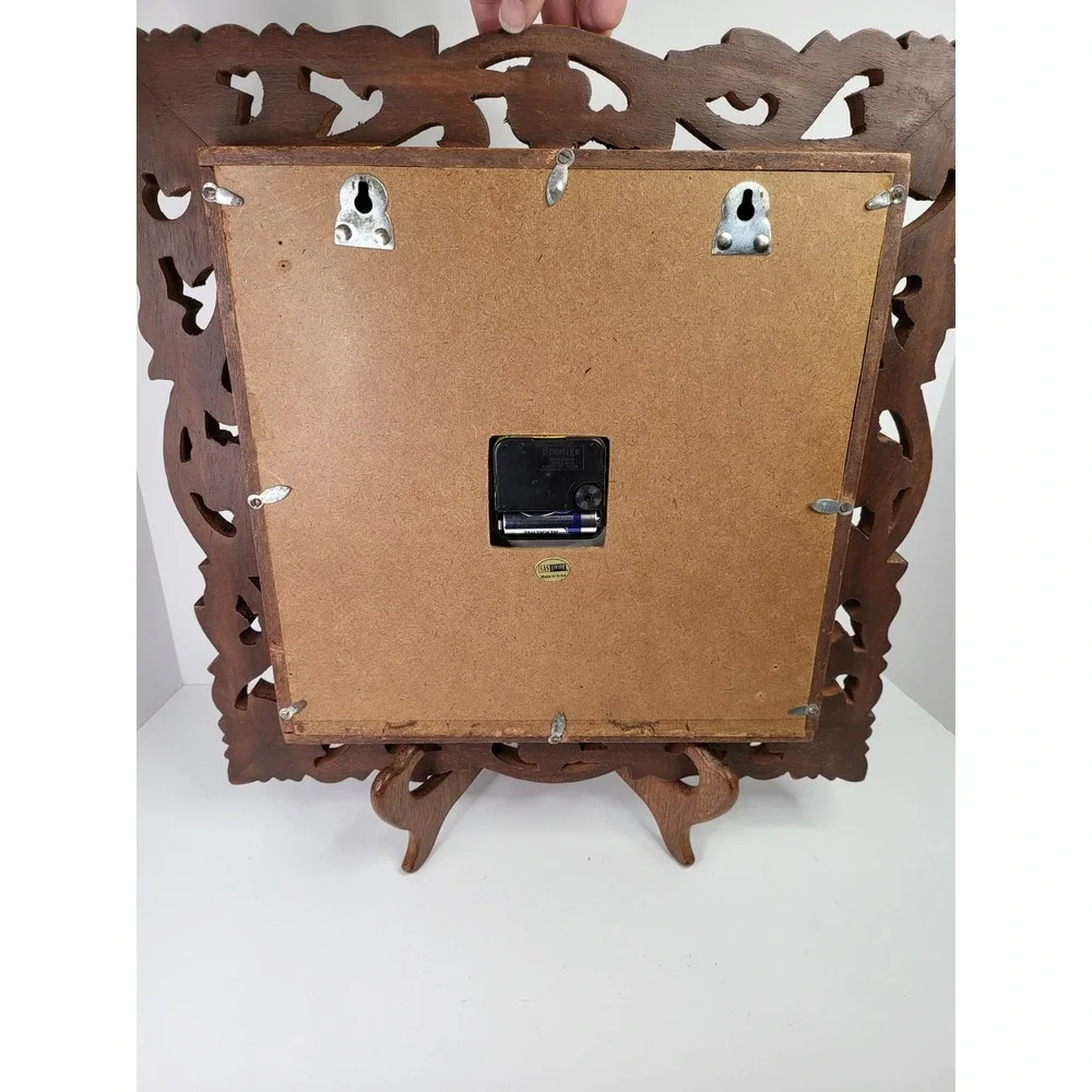 SAS Living Hand Carved Wood Wall Clock Floral Openwork Square Brown 16.5in